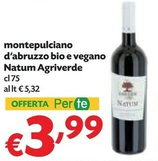 Pam Agriverde Natum Vino Biologico Montepulciano D'Abruzzo 750 G(ml) offerta
