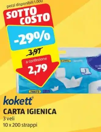 ALDI kokett CARTA IGIENICA 3 veli 10 x 200 strappi offerta