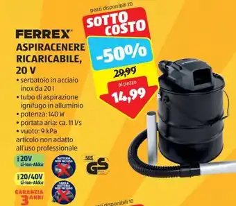 ALDI FERREX ASPIRACENERE RICARICABILE, 20v offerta