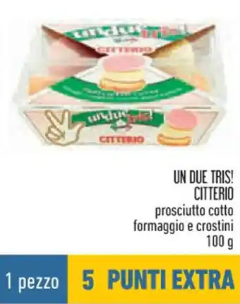 Conad UN DUE TRIS! CITTERIO prosciutto cotto formaggio e crostini 100 g offerta