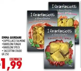 Supermarket Verdeblu EMMA GIORDANI CAPPELLACCI SALMONE - RAVIOLONI FUNGHI - RAVIOLONI SPECK - SACCOTTINI CRUDO GR 250 offerta