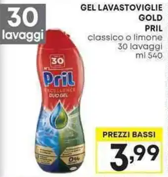 Pam GEL LAVASTOVIGLIE GOLD PRIL classico o limone 30 lavaggi ml 540 offerta