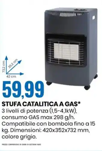 Eurospin STUFA CATALITICA A GAS* 3 livelli di potenza (1,5-4,1kW). consumo GAS max 298 g/h. offerta