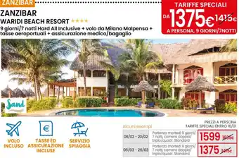 Eurospin ZANZIBAR WARIDI BEACH RESORT 9 giorni/7 notti Hard All Inclusive +volo da Milano Malpensa + offerta
