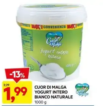 DPiù CUOR DI MALGA YOGURT INTERO BIANCO NATURALE 1000 g offerta