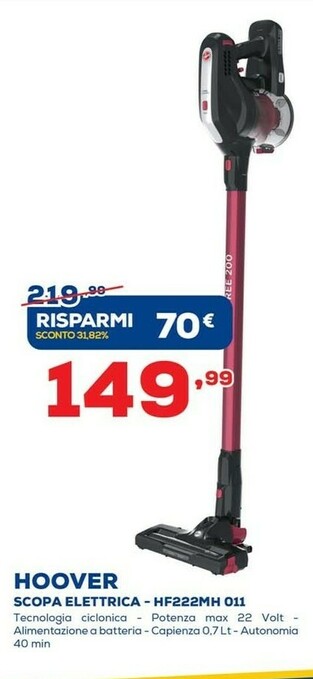 Euronics Hoover H-FREE 200 HF222MH 011 Nero Senza Sacchetto offerta