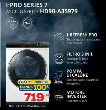 Euronics Haier I-Pro Series 7 HD90-A3S979 Asciugatrice Libera Installazione Caricamento Frontale 9 Kg A+++ Bianco offerta