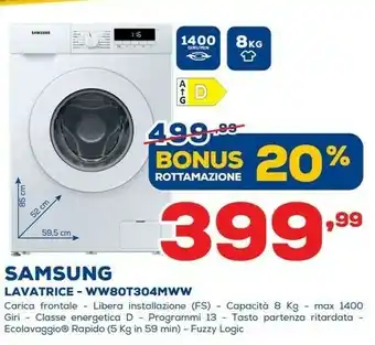 Euronics Samsung WW80T304MWW Lavatrice Libera Installazione Caricamento Frontale 8 Kg 1400 Giri/min D Bianco offerta