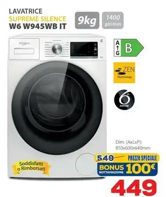 Euronics Whirlpool W6 W945WB IT Lavatrice Libera Installazione Caricamento Frontale 9 Kg 1400 Giri/min B Bianco offerta