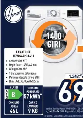 Unieuro LAVATRICE H3WS492DA4111 offerta