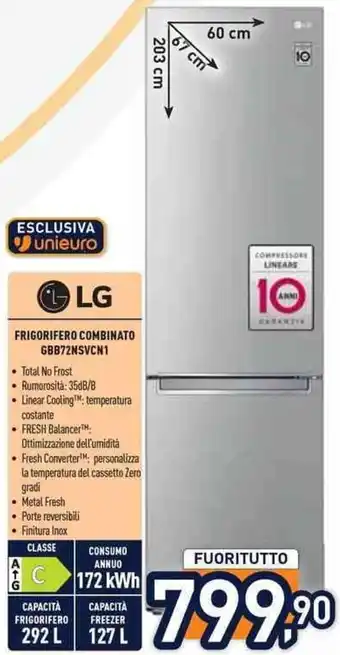 Unieuro LG FRIGORIFERO COMBINATO GBB72NSVCN1 offerta