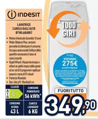 Unieuro LAVATRICE CARICA DALL'ALTO BTWL604001T offerta