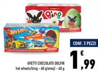 Conad OVETTI CIOCCOLATO DOLFIN hot wheels/bing-60 g/emoji - 40 g offerta