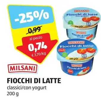 ALDI MILSANI FIOCCHI DI LATTE classici/con yogurt 200 g offerta