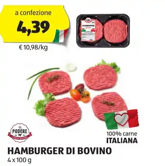 ALDI IL PODERE HAMBURGER DI BOVINO 4x100 g offerta