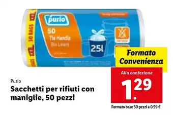Lidl Purio Sacchetti per rifiuti con maniglie, 50 pezzi offerta
