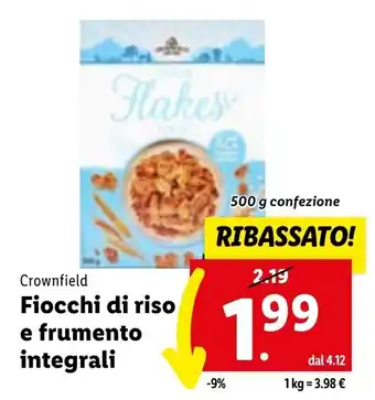 Lidl Crownfield Fiocchi di riso e frumento integrali 500 g confezione offerta