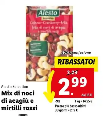 Lidl Alesto Selection Mix di noci di acagiù e mirtilli rossi 200 g confezione offerta