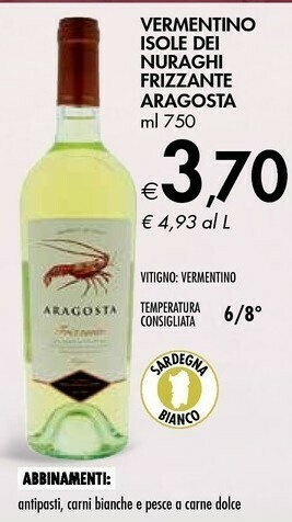 Bennet Vermentino Isole Dei Nuraghi Frizzante Aragosta offerta