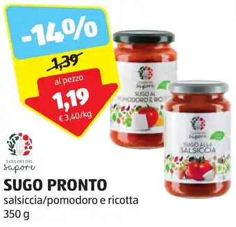 ALDI SUGO PRONTO salsiccia/pomodoro e ricotta 350 g offerta