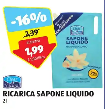 ALDI Clear Natural RICARICA SAPONE LIQUIDO 2 l offerta