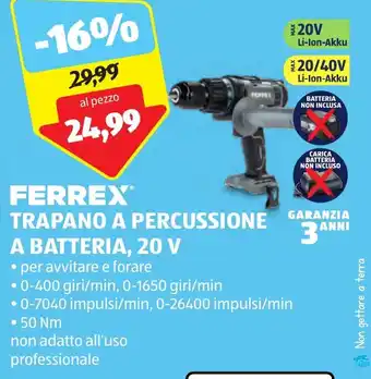 ALDI FERREX TRAPANO A PERCUSSIONE A BATTERIA, 20 V offerta