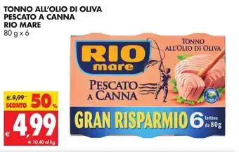Tigros Rio Mare Tonno All'Olio di Oliva Pescato A Canna 80g x 6 offerta