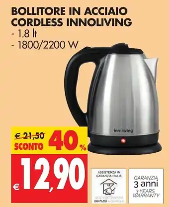 Tigros Innoliving Bollitore in Acciaio Cordless 1.8lt offerta