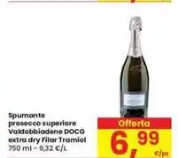 Eurospar Spumante prosecco superiore Valdobbiadene DOCG extra dry Filar Tramiol 750 ml offerta