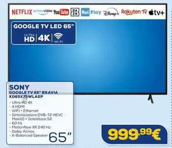 Euronics SONY GOOGLE TV 65" BRAVIA KD65X75WLAEP offerta