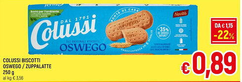 A&O COLUSSI BISCOTTI OSWEGO/ZUPPALATTE 250 g offerta