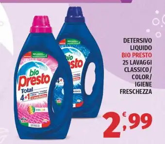 Vivo Supermercati DETERSIVO LIQUIDO BIO PRESTO 25 LAVAGGI CLASSICO/ COLOR/ IGIENE FRESCHEZZA offerta