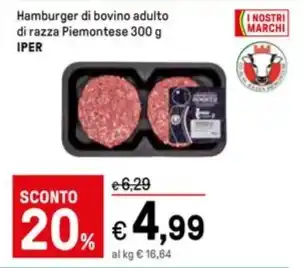 Iper La Grande Hamburger di bovino adulto di razza Piemontese 300 g IPER offerta