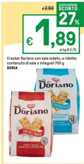 Iper La Grande Cracker Doriano con sale iodato, a ridotto contenuto di sale o integrali 700 g DORIA offerta