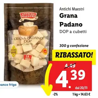 Lidl Antichi Maestri Grana Padano DOP a cubetti 300 g confezione offerta