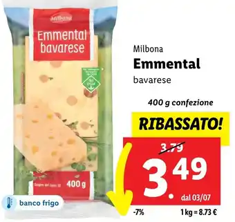 Lidl Milbona Emmental bavarese 400 g confezione offerta