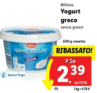 Lidl Milbona Yogurt greco senza grassi 500 g vasetto offerta