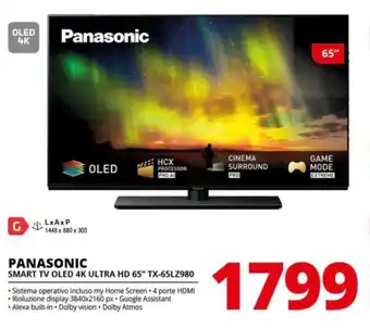 Comet PANASONIC SMART TV OLED 4K ULTRA HD 65" TX-65LZ980 offerta