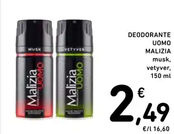Spazio Conad DEODORANTE UOMO MALIZIA musk, vetyver, 150 ml offerta
