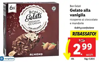 Lidl Bon Gelati Gelato alla vaniglia ricoperto al cioccolato e mandorle 6x84 g confezione offerta