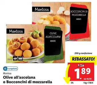 Lidl Monissa Olive all'ascolana o Bocconcini di mozzarella 250 g confezione offerta