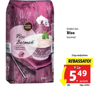 Lidl Golden Sun Riso basmati 2 kg confezione offerta