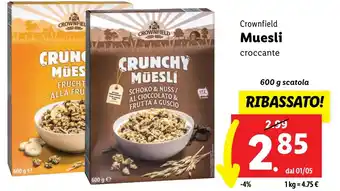 Lidl Crownfield Muesli croccante 600 g scatola offerta