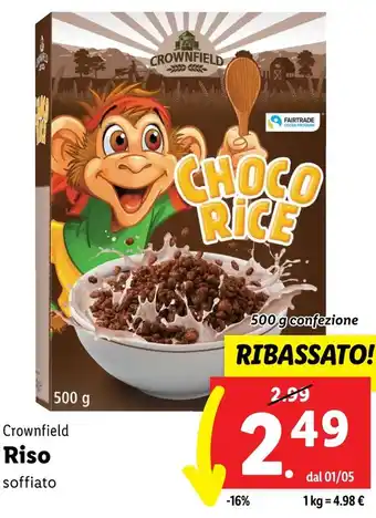 Lidl Crownfield Riso soffiato 500 g confezione offerta