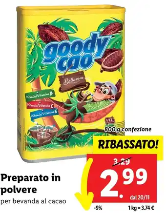 Lidl Preparato in polvere per bevanda al cacao 800 g confezione offerta