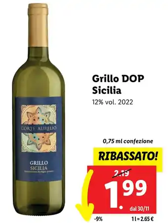 Lidl Grillo DOP Sicilia 12% vol. 2022 0,75 ml confezione offerta