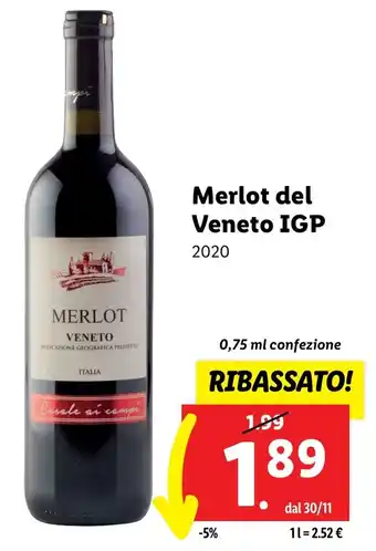 Lidl Merlot del Veneto IGP 2020 0,75 ml confezione offerta