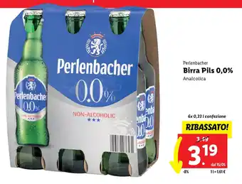 Lidl Perlenbacher Birra Pils 0,0% Analcolica 6x 0,33 l confezione offerta