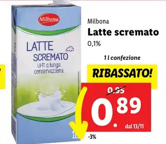 Lidl Milbona Latte scremato 1 l confezione offerta