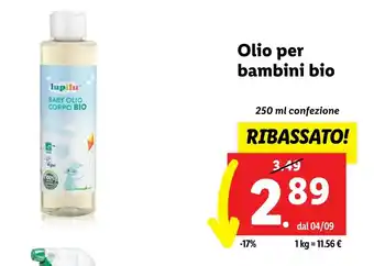 Lidl Olio per bambini bio 250 ml confezione offerta